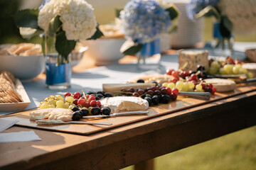 Assortment of cheese and grapes on table at outdoor summer wedding 