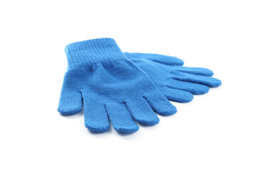 Blue woolen gloves on white background. Winter clothes