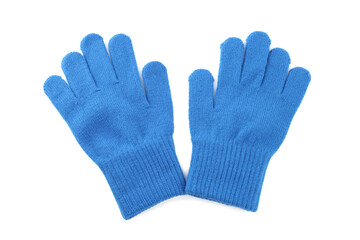 Blue woolen gloves on white background, top view. Winter clothes