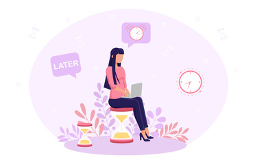 Process of procrastinating in business. Businesswoman sitting on hourglass with laptop on hips. Concept of hardly working due to lazyness or concentration issues. Flat Illustration