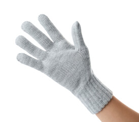 Woman wearing grey woolen glove on white background, closeup