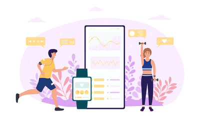Mobile application for sporty people. Male and female characters exercising with fitness bracelet. Measuring heart rate on tracker screen. Fitness app on smarphone. Flat vector illustration