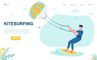 Male character kitesurfing. Concept of extreme sports experience, active lifestyle and vacation outdoor activities. Sportsman balancing on board with kite. Website web page landing page template
