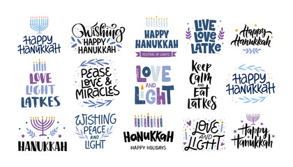Hanukkah vector celebration typography. Traditional Jewish holiday phrases collection. Love, light, latkes quote. Chanukah wishes isolated on white. Handwritten Hanuka festive lettering
