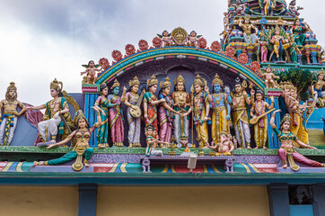 Kadirampura, Karnataka, India - November 4, 2013: Sri Murugan Temple. Closeup of colorful statues...