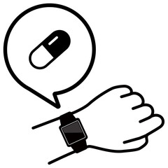 腕のスマートウォッチを確認する様子のベクターイラスト　薬アイコン