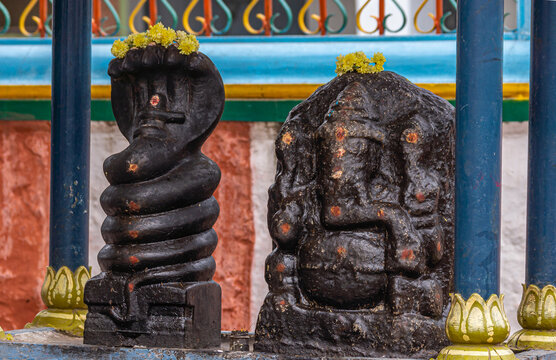 Kadirampura, Karnataka, India - November 4, 2013: Sri Murugan Temple. Closeup of black statues of Mansas snake goddess and Ganesha.