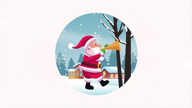 happy merry christmas card with santa playing trumpet in snowscape
