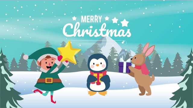 happy merry christmas card with elf and penguin