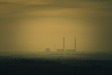 power station at sunset