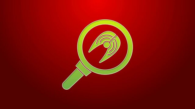 Green line Fish steak in frying pan icon isolated on red background. 4K Video motion graphic animation