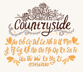 Farmhouse font. Typography alphabet with rustic illustrations. Handwritten script for crafty design.