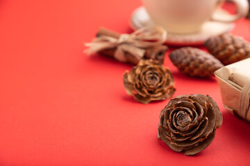 Christmas or New Year composition. Decorations, cones, fir and spruce branches, cup of coffee, on a red background. Side view, copy space.