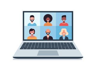 group of people talking in videocall conference, social distancing. Vector illustration of people having communication via telecommuting system.