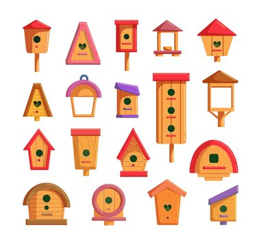 Decorative Wooden Birdhouse Set For Feeding And Living Bird. Outside Handcraft Hanging Nesting Box, Birdie House Construction On Pillar Different Shape Vector Illustration Isolated On White Background