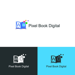 W Initial letter digital book/e book with colorful pixel technology. For electronic book, digital library and technology logo concept