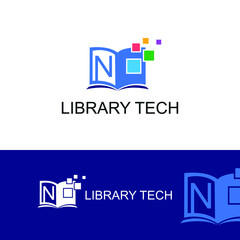 N Initial letter digital book/e book with colorful pixel technology. For electronic book, digital library and technology logo concept