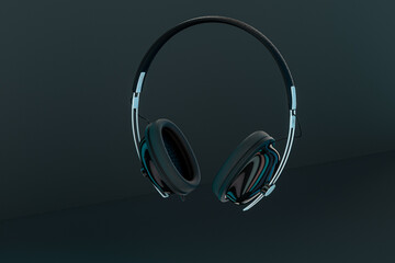 headphones on blue background. headphones on blue. Looking Down At Vintage Music Headphones, Floating, Falling, Suspended, Isolated In A Blue and Black Studio Background. 3d rendering.