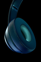 blue neon music. Tight Crop Of Generic Music Headphones, Floating, Falling, Suspended, Isolated In A Blue and Black Studio Background. 3d rendering.