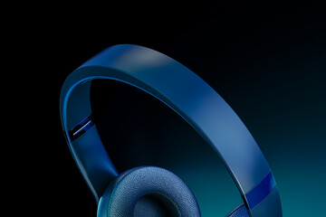 blue neon music. Looking Down Cropped View At Generic Music Headphones, Floating, Falling, Suspended, Isolated In A Blue and Black Studio Background. 3d rendering.
