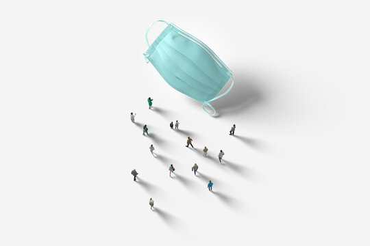 Coronavirus, SARS, MERS, Still Life Of A Surgical Mask and Crowd Of People Isolated In A White Studio Background Top View. 3d Rendering.