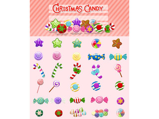 Christmas candies set. candy and sweets lollipop. Collection of different cartoon style candies. Vector illustration