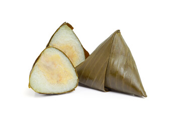 Zongzi or ba jang (rice dumpling) traditional dragon boat festival dumpling isolated on white background with clipping path - obrazy, fototapety, plakaty