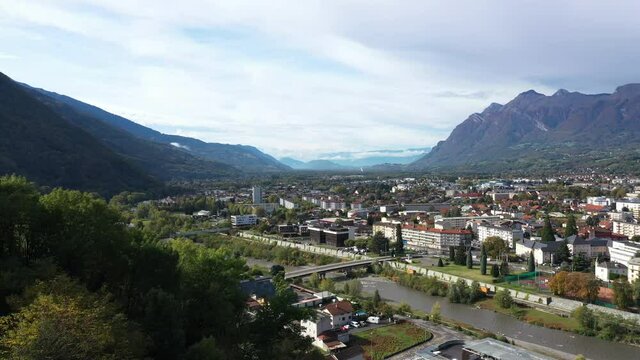 Aerial shot of the pretty old town (Conflans) overlooking Albertville, beautiful view of an old city surrounded by mountains,  View of the Conflans, the medieval city located in upper savoy, France
