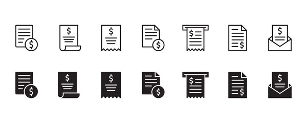Invoice bill document icon set. Vector graphic illustration. Suitable for website design, logo, app, template, and ui. 