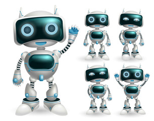 Robot vector character set. Robotic characters in standing pose and gestures in modern design for toy robots game cartoon collection. Vector illustration.