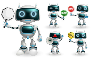 Robot character vector set. Robotic characters showing signage symbol like go and stop placard element in standing pose and gestures for robot cartoon collection design. Vector illustration.