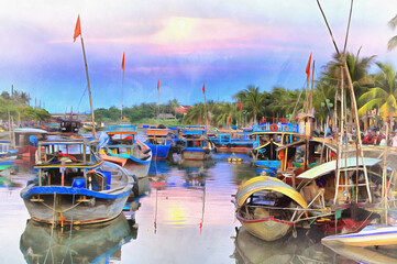 Beautiful evening with boats on the river in Hoi An colorful painting looks like picture, Thu Bon River, Vietnam.