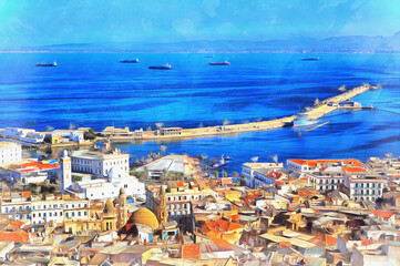 Cityscape of Algiers colorful painting looks like picture, Algeria.