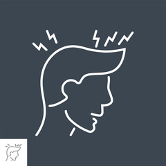 Headache related vector thin line icon. Head of a man with a headache. Isolated on black background. Editable stroke. Vector illustration.