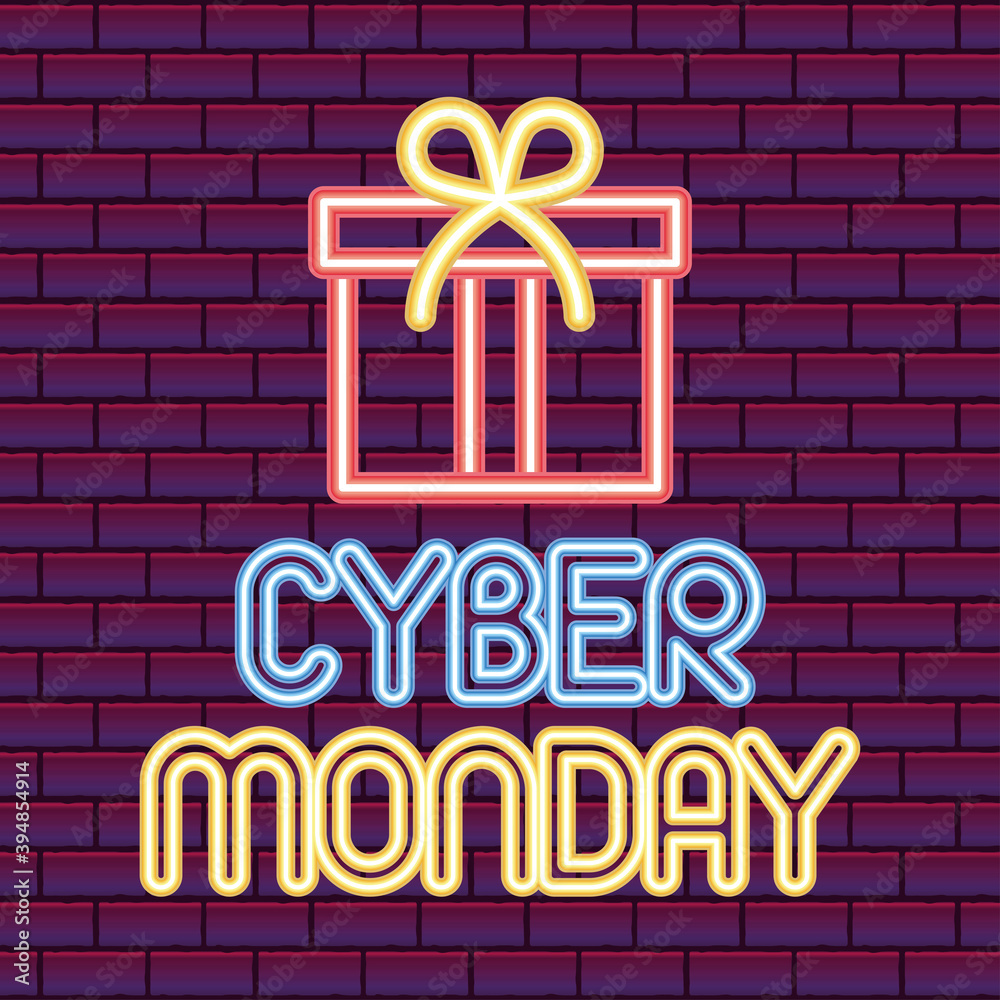 Poster cyber monday lettering with a gift box icon