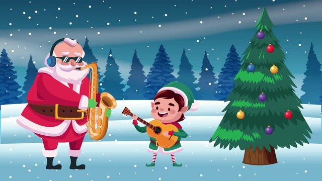 happy merry christmas card with santa claus and elf playing musical instruments