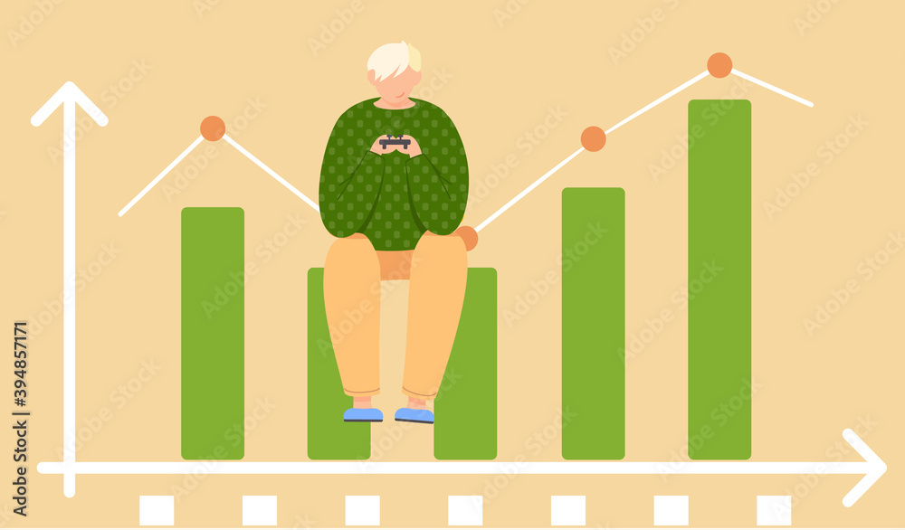 Fototapete guy with gamepad in his hands sits on a bar graph column. office work management. data analysis conc