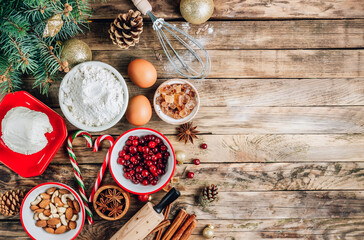 Christmas - baking cake background. Dough ingredients and decorations