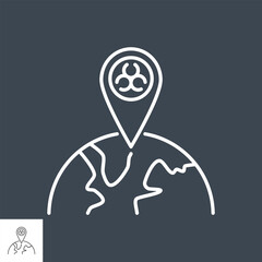Epidemic related vector thin line icon. Biohazard positioning mark on globe. Isolated on black background. Editable stroke. Vector illustration.