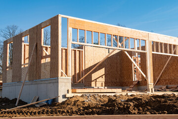 the frame of the first floor of a plywood house