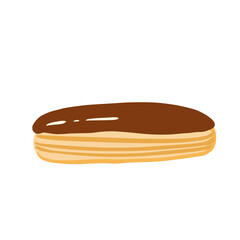 Eclair on white background. Cartoon bakery products with glaze in style doodle.
