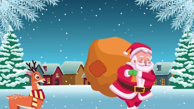 happy merry christmas card with santa claus and reinder in the snowscape