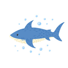 Set white shark with bubbles on white background. Cartoon cute fishes in style doodle.