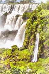 Iguazu Falls colorful painting looks like picture, Argentina.