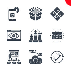 SEO Related Vector Glyph Icons Set. Mobile apps development, cloud computing, seo training, strategy, portfolio demonstration, creative package, contact, global solution, web visiblity. 