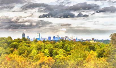Cityscape from the Georges island colorful painting looks like picture, Boston, Massachusetts, USA.