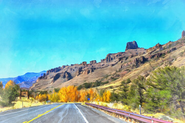 Landscape with mountain road colorful painting, Yellowstone National Park, USA.