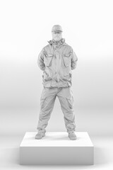 Man in camouflage. statue of a soldier. Toy Army Soldier Made From White Plastic Standing On A Box, Isolated Against White. 3d Rendering.