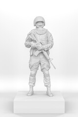 Obraz premium statue of the soldier. Army Soldier Figurine Made From White Plastic Standing On A Box Holding A Rifle. Isolated Against White. 3d Rendering.