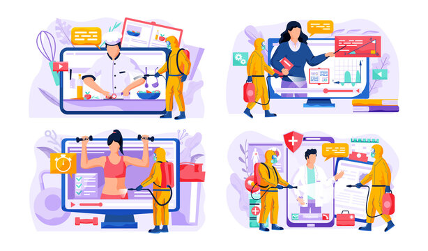 Video recording of a culinary blog, sport channel, online learning of foreign languages and man from epidemiological service doing disinfection sprays treatment solution against viruses and infections